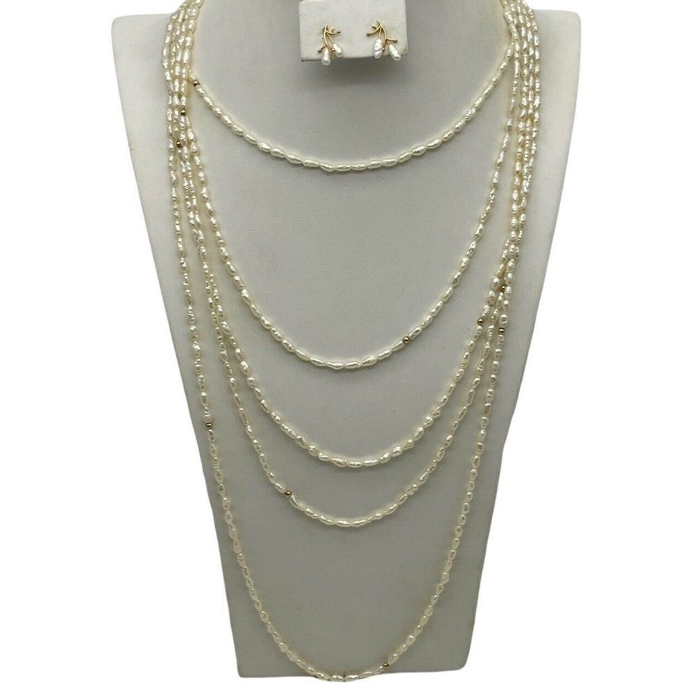 Vintage Fresh Water Baroque Potato Pearl Endless Rope Necklace 14k Earrings 121"